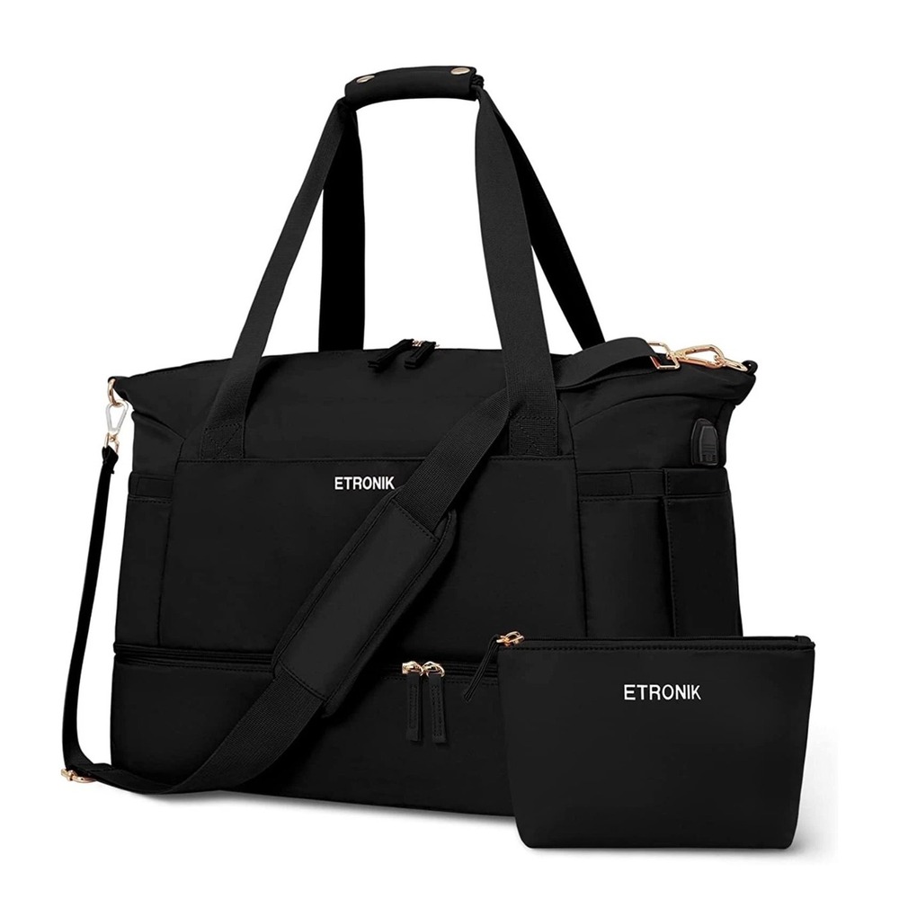 Etronik Gym Duffel Bag Black Nylon Weekender Travel Bag w/ Shoe Compartment USB